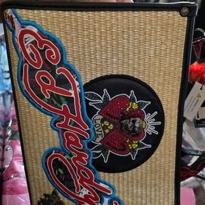 Ed Hardy Straw Tote with Red, Blue and Black Patchwork